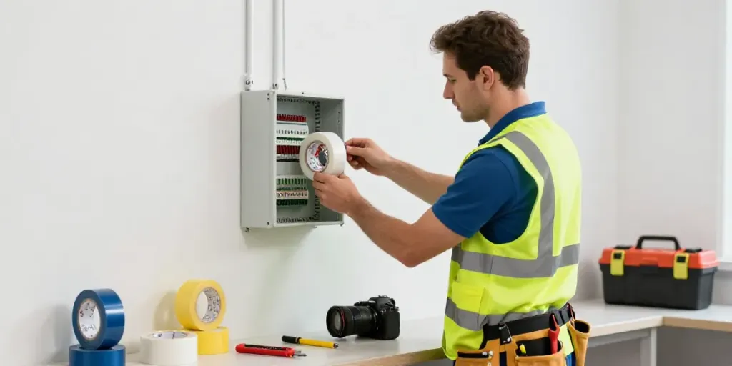 Electrician applying Link Super33 vinyl electrical tape in a bright workspace.