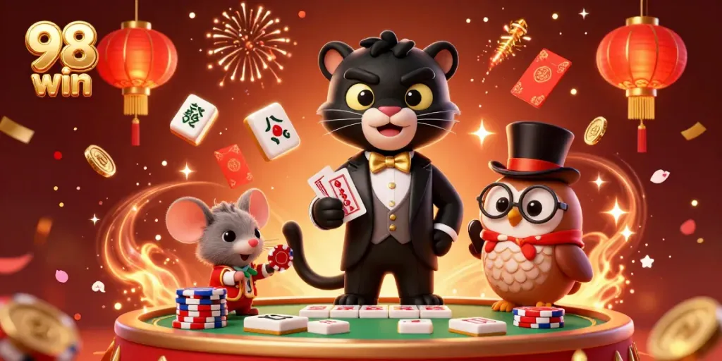 Experience the excitement at 98 win with vibrant casino characters and festive elements.