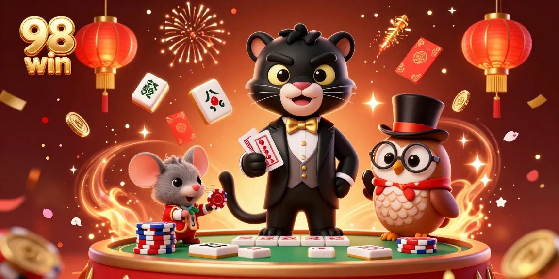 Experience the excitement at 98 win with vibrant casino characters and festive elements.