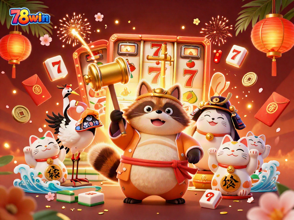 Engaging 3D illustration depicting 78win-themed tanuki, crane, and fortune cats in a vibrant casino scene with slots and festive elements.