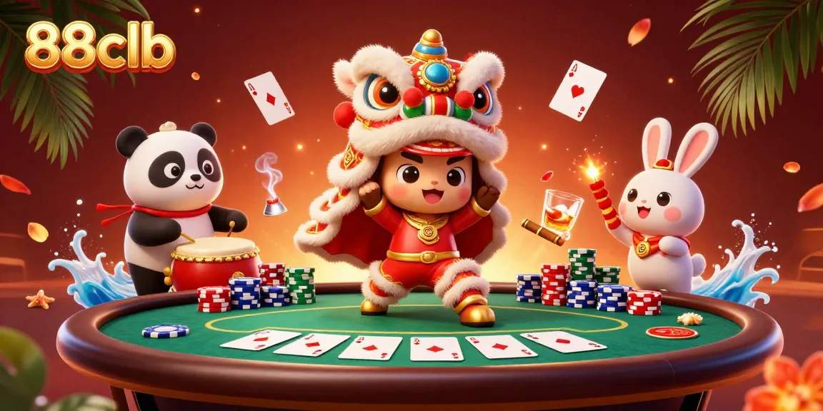 88clb showcases a vibrant casino scene with lion dance characters amidst poker elements and rich decorations.