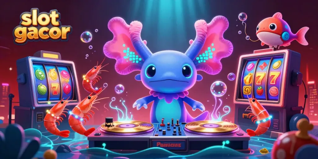 Experience the thrill of slot gacor with vibrant axolotl DJ and dynamic casino elements in this colorful illustration.