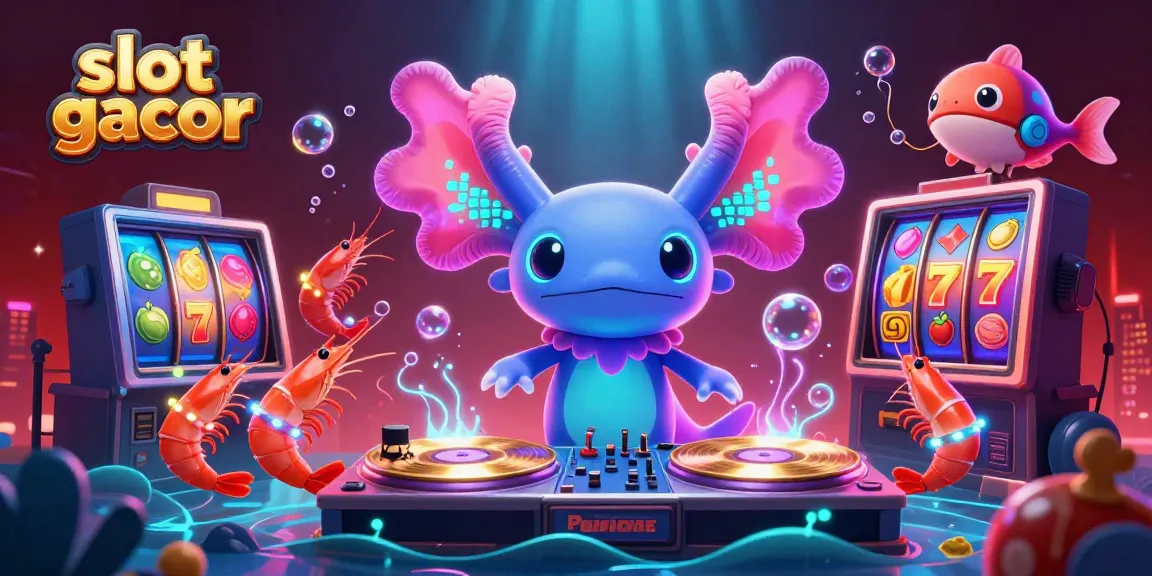 Experience the thrill of slot gacor with vibrant axolotl DJ and dynamic casino elements in this colorful illustration.