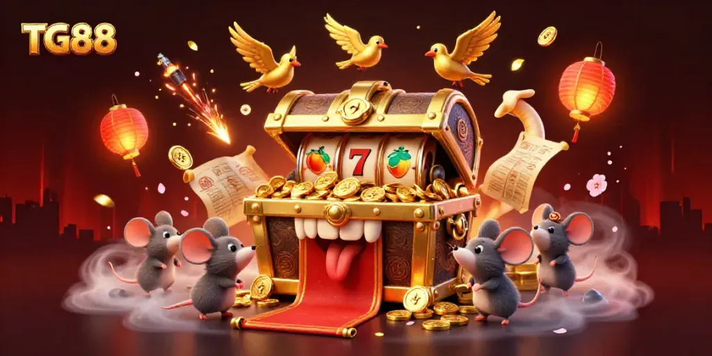 Experience the thrill of TG88 gaming with interactive jackpots and golden treasures in this vibrant scene.