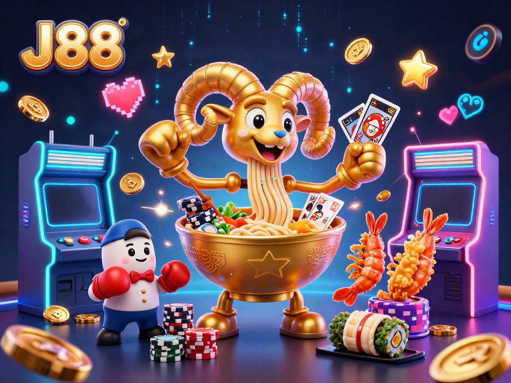 Experience vibrant energy in a J88 online casino scene with animated characters and glowing gaming elements.