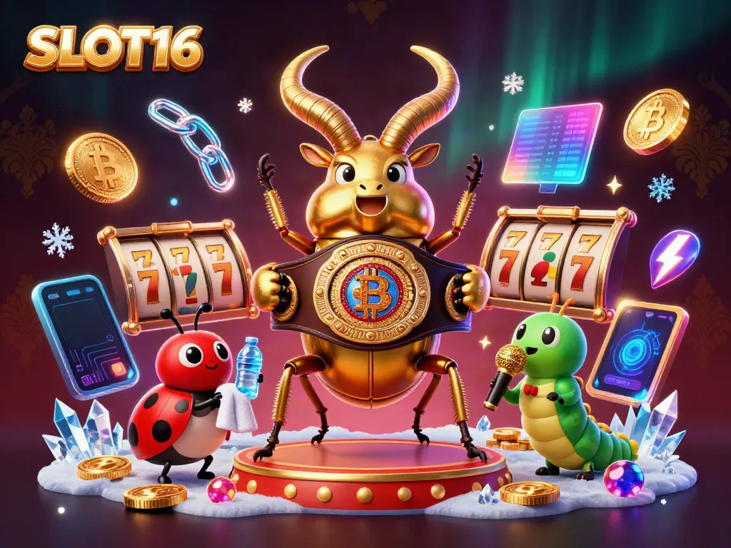 SLOT16 features a lively scene with a golden stag beetle and vibrant casino elements for a dynamic gambling experience.