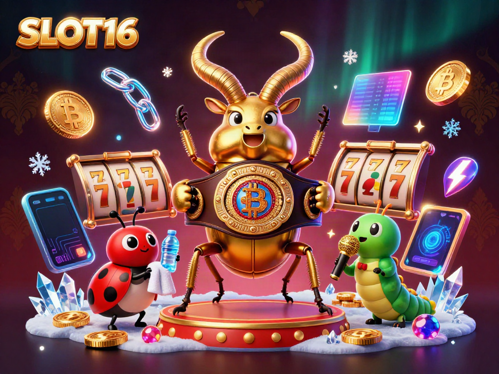 SLOT16 features a lively scene with a golden stag beetle and vibrant casino elements for a dynamic gambling experience.