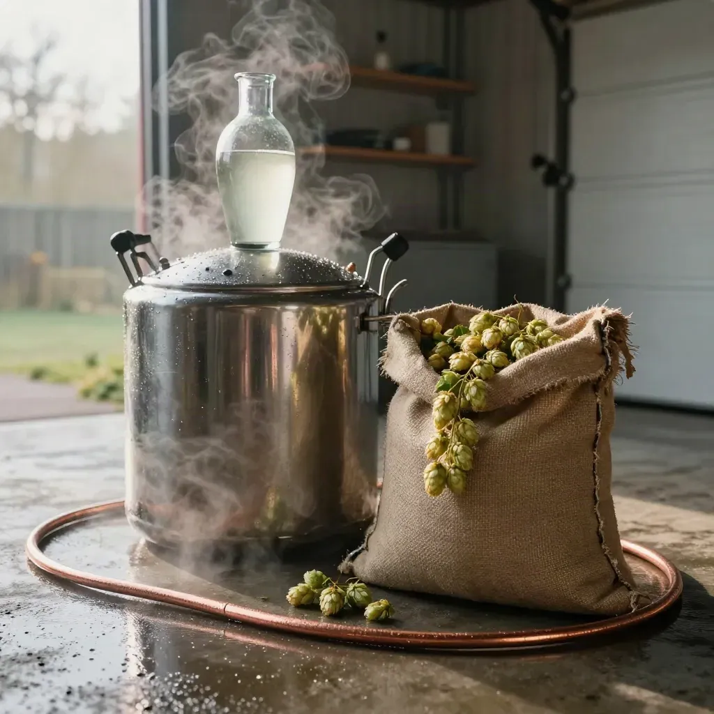 Steam rising from a stainless brew kettle, carboy, malt sack, and hop cones in a rainy garage bay.