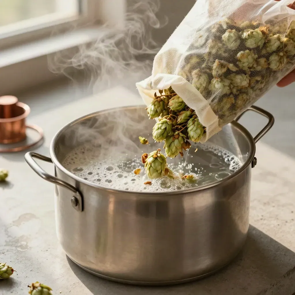 Hop pellets drop into a boiling kettle beside a mesh hop bag, steam rising in a bright brew scene.