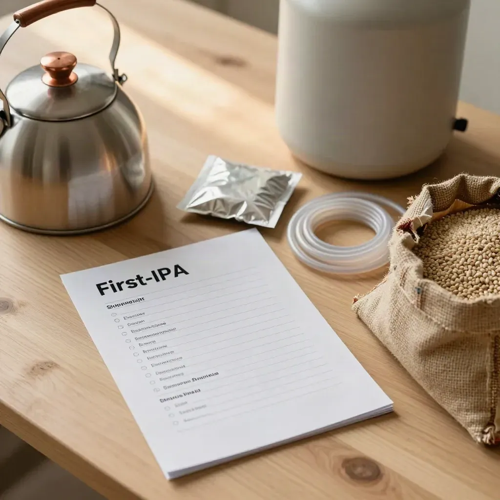 Overhead flatlay of IPA brew-day tools on pale wood: kettle, fermenter, hops, tubing and grain sack.