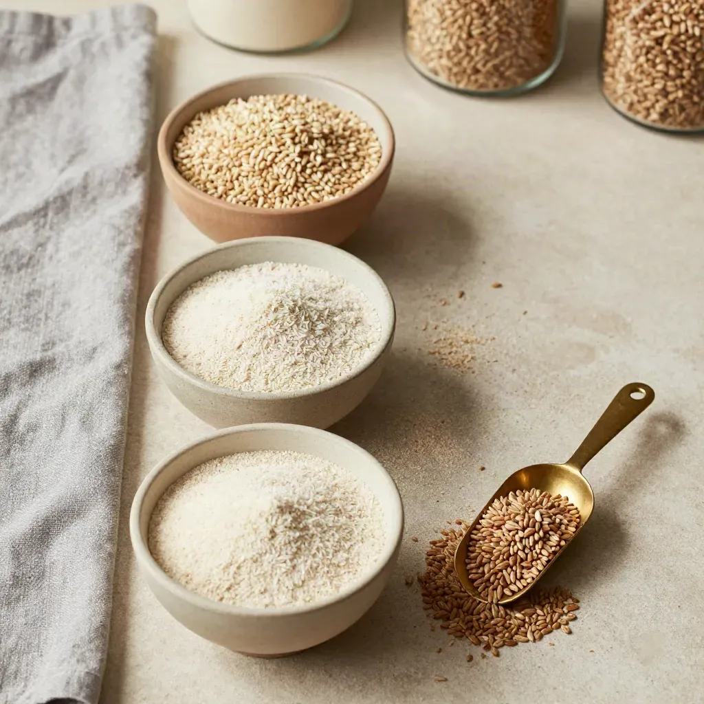 Overhead grain bowls and scoop on a linen-lined pantry shelf, sorted for brewing