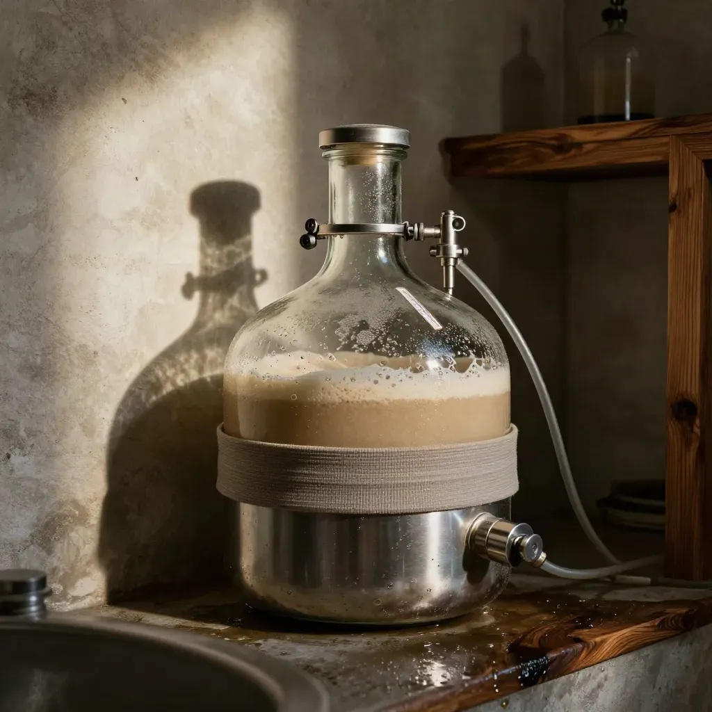 Stalled fermenter with sleepy krausen, heater belt, and thermometer strip in a cool brew cellar.