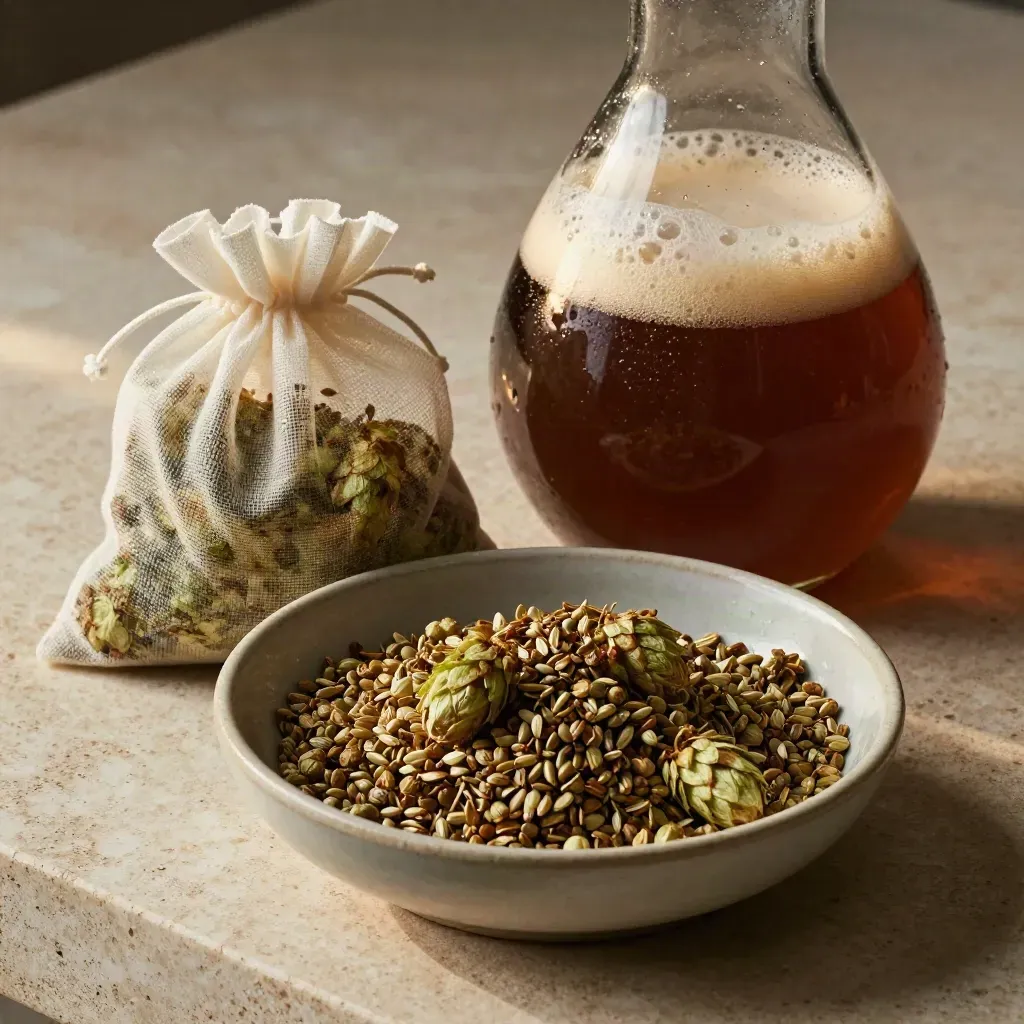 Hop pellets, hop bag, and fermenter on pale stone with hazy brewing light