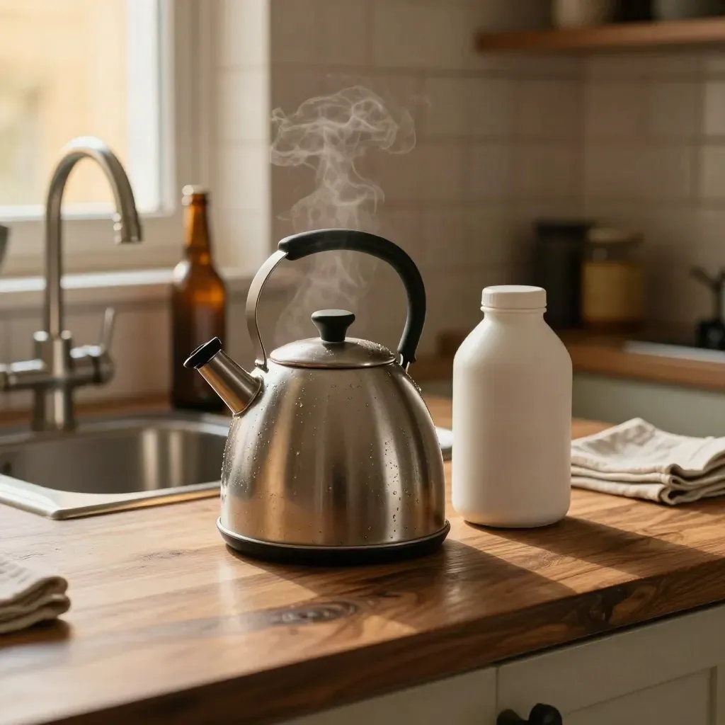 Tiny homebrew kettle, fermenter and bottle on a walnut counter with steam and warm afternoon light.