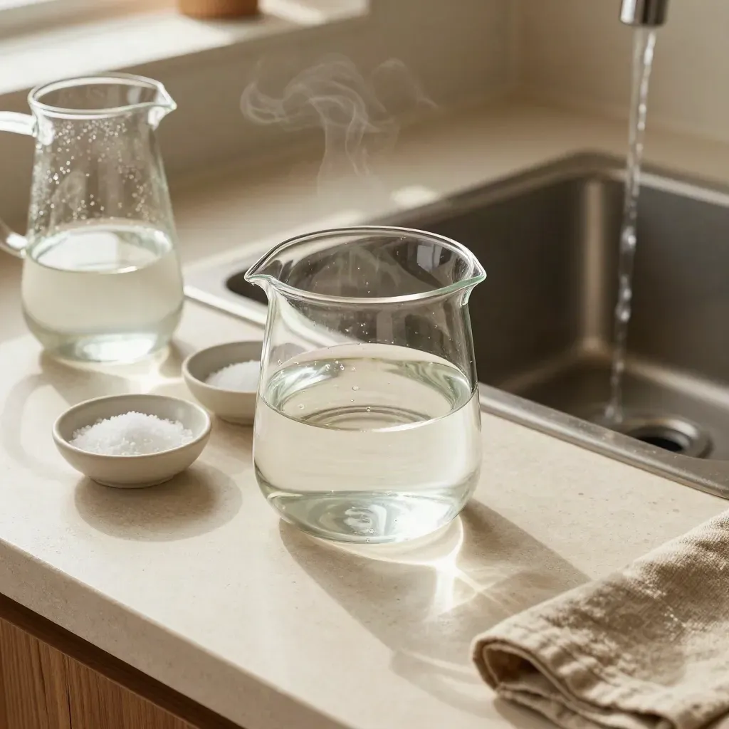 Brewing pot, ceramic salt dishes, and a glass pitcher of water beside a sink in warm light.