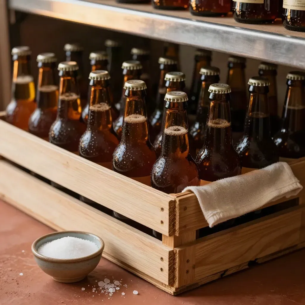 Brown beer bottles in a cloth-lined crate beside priming sugar, glowing in soft amber light.