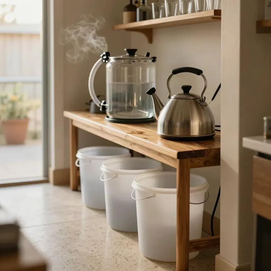 Wide brew day station with kettle, fermenter, chiller hose, and sanitized buckets
