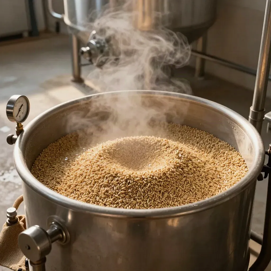 Overhead mash tun with steaming grain bed and angled thermometer in a brewery