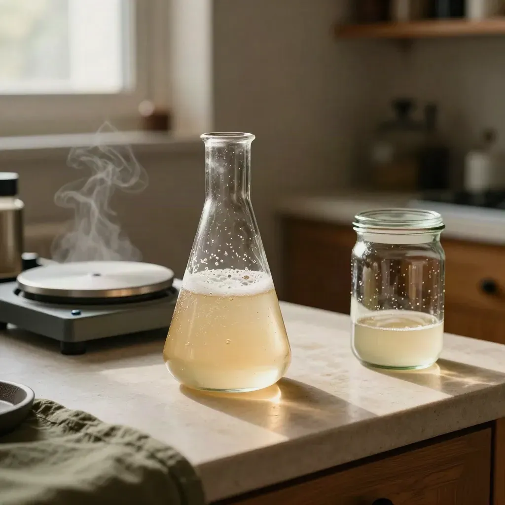 Yeast starter flask bubbling beside a stir plate and jar on a stone counter
