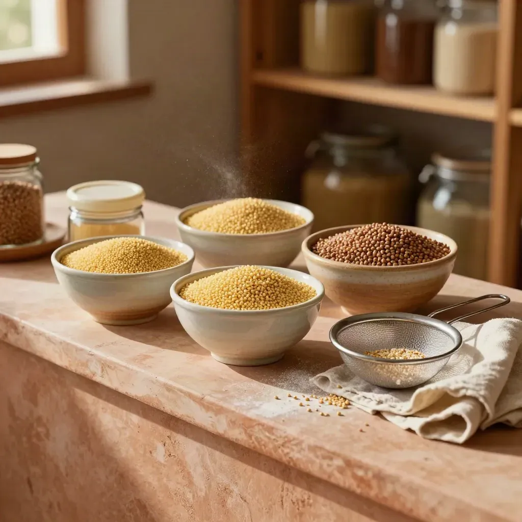 Bowls of gluten-free grains with enzyme jar and sieve in a warm brewing pantry