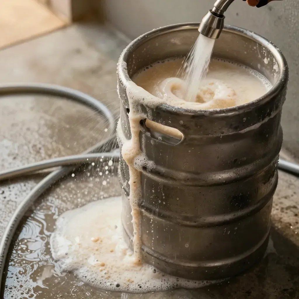 Open keg being rinsed with foam, spray, and coiled tubing on a concrete floor.
