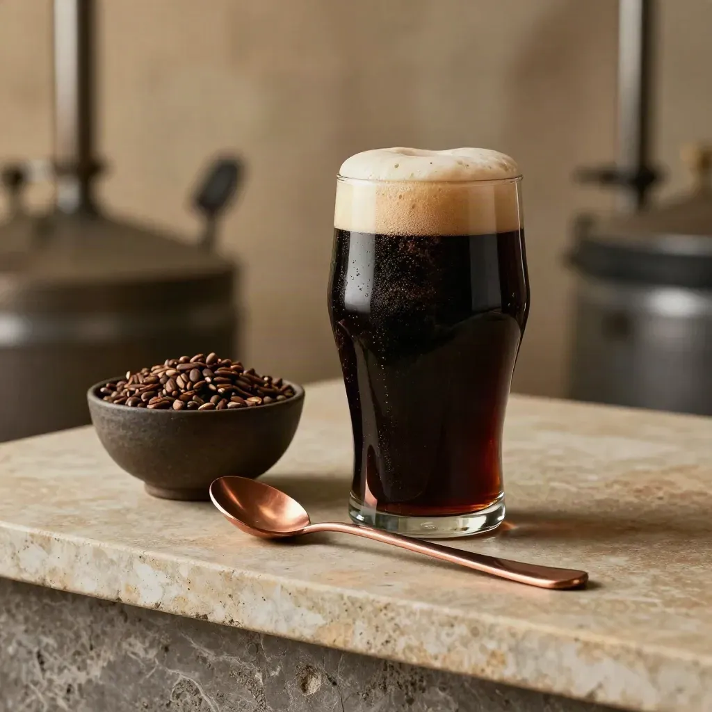 Dry stout in a tulip glass with foam, grain bowl, and copper spoon on limestone