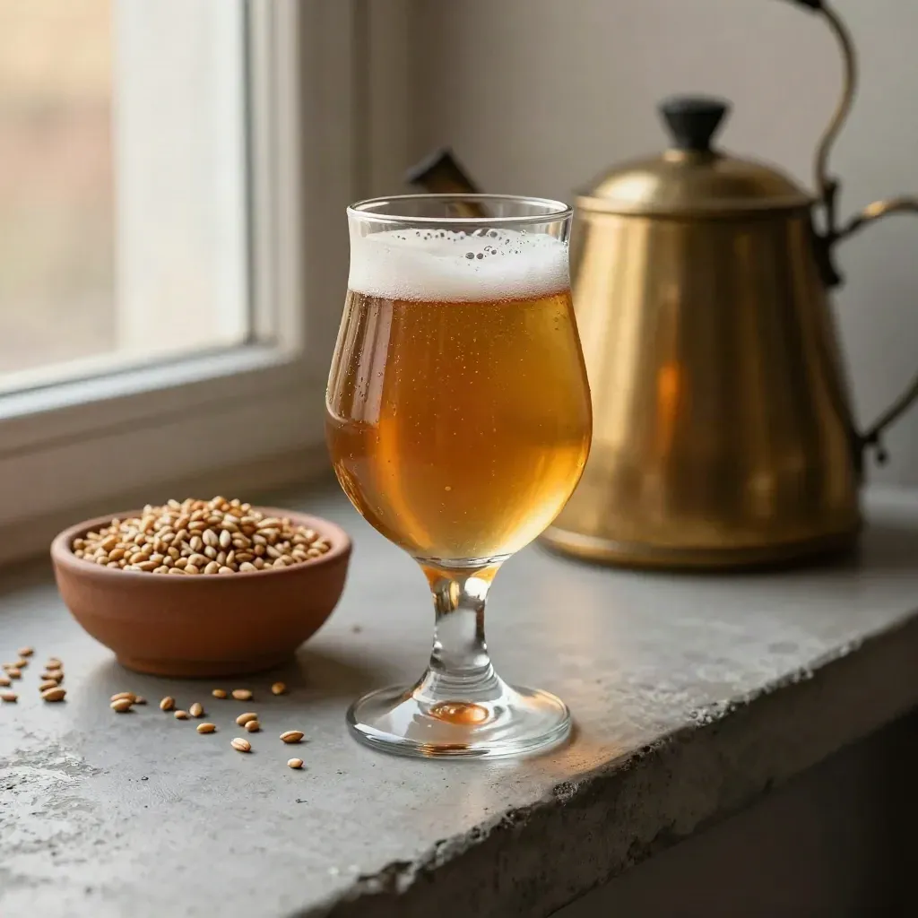 Copper ale, toasted malt bowl, and brass kettle in warm brewery light.
