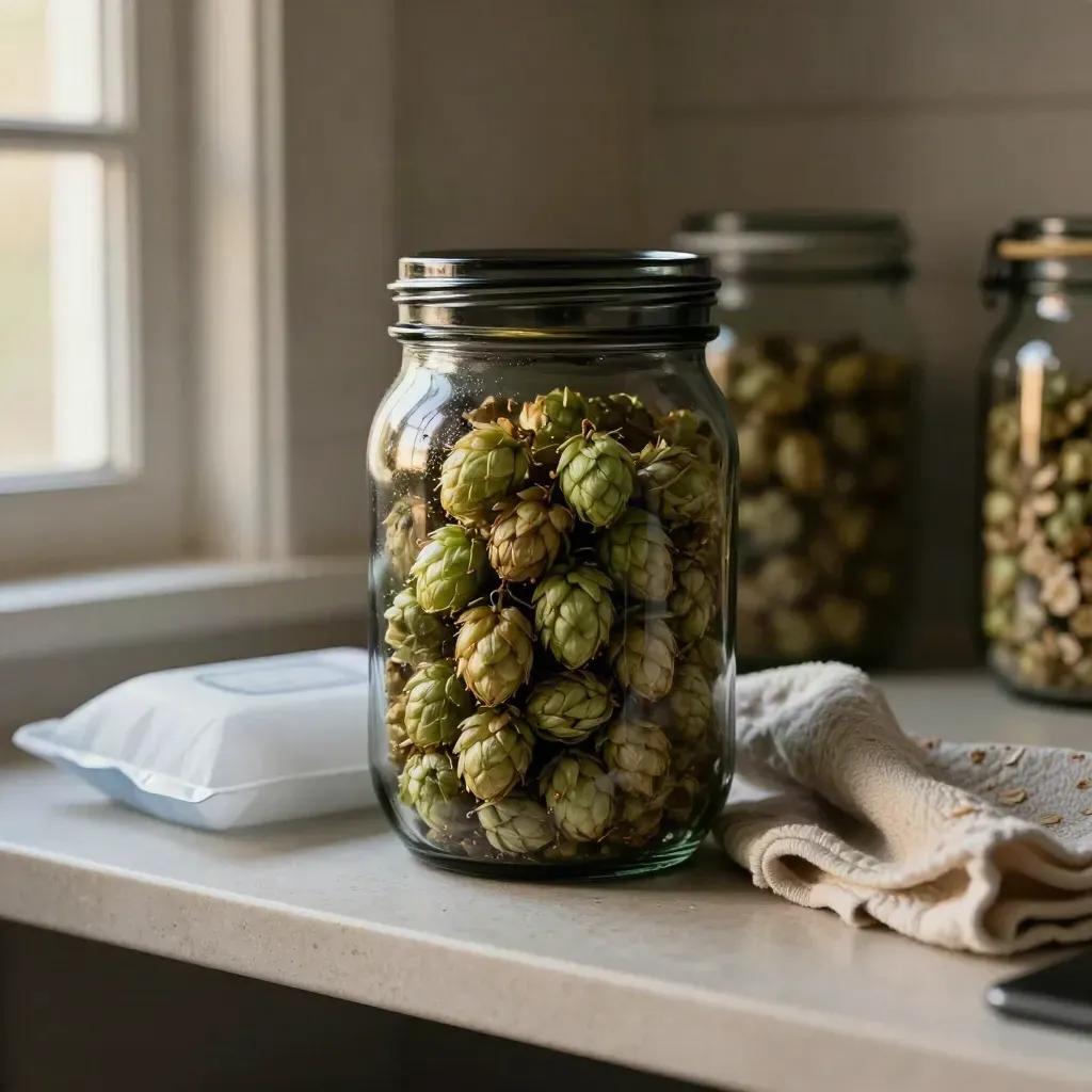 Top-down hop pellets in a dark jar with ice pack and cloth in a cool cupboard.