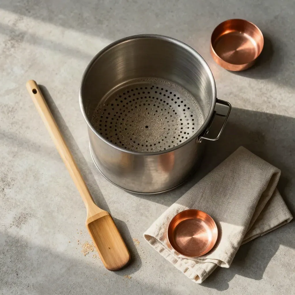 Overhead flatlay of a stainless mash tun, grain basket, bamboo paddle, and linen on concrete.