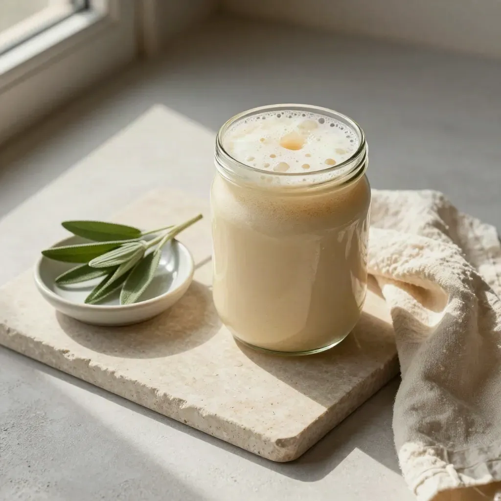 Glass yeast starter, ceramic dish, sage sprig, and cream cloth on stone tray.