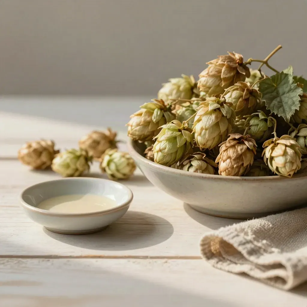 Hop cones, ceramic dish and oatmeal cloth on pale wood in soft light