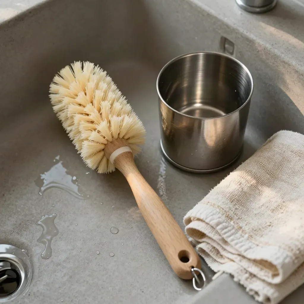 Top-down sink-side still life with bottle brush, sanitizer cup, and folded towel