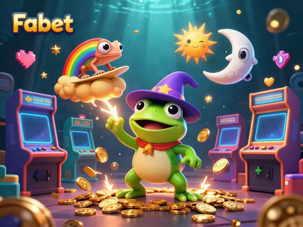 Experience the thrill of gambling with Fabet's vibrant casino illustration showcasing a wizard frog and chameleon amid golden coins.