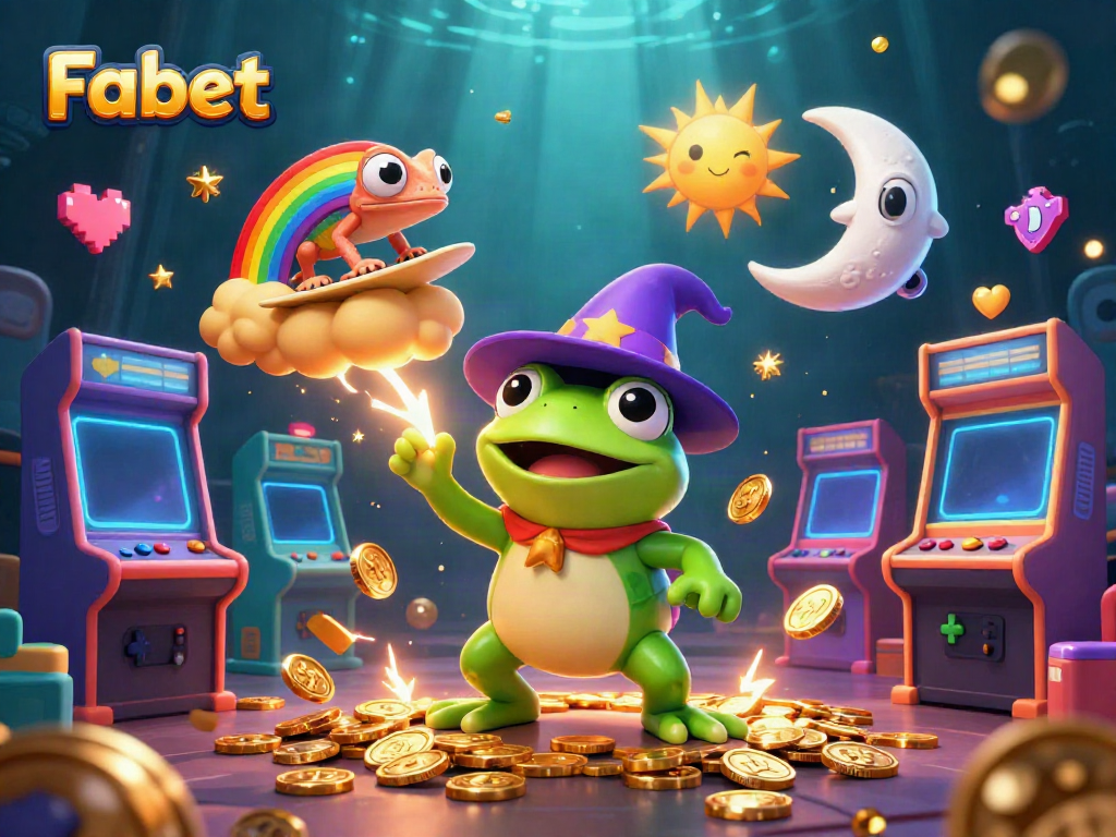 Experience the thrill of gambling with Fabet's vibrant casino illustration showcasing a wizard frog and chameleon amid golden coins.