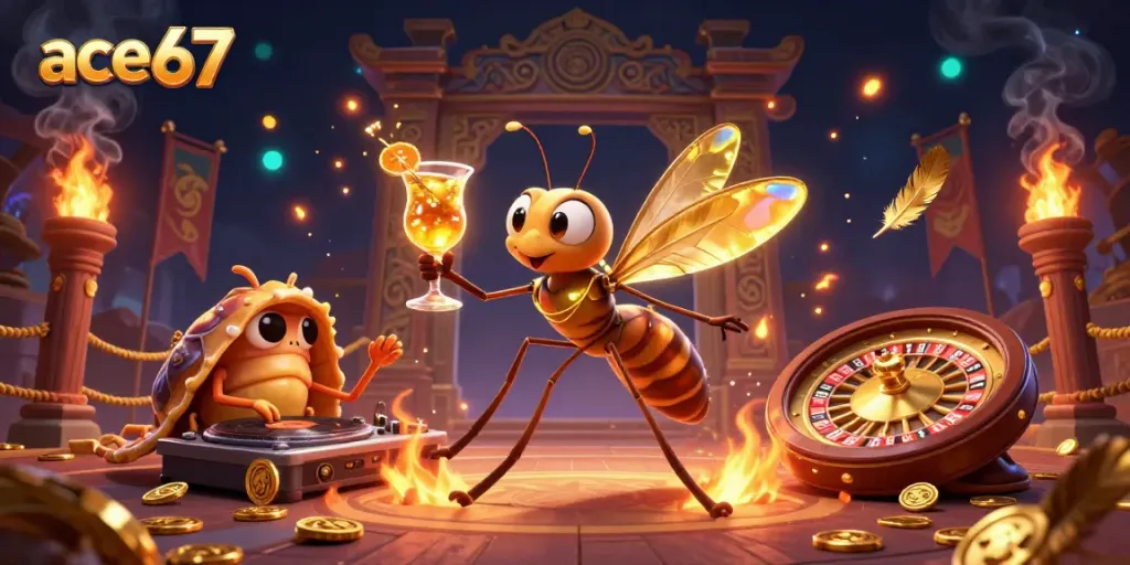 Engage with ace67's vibrant casino scene featuring a unique frozen mosquito mascot and historical elements.