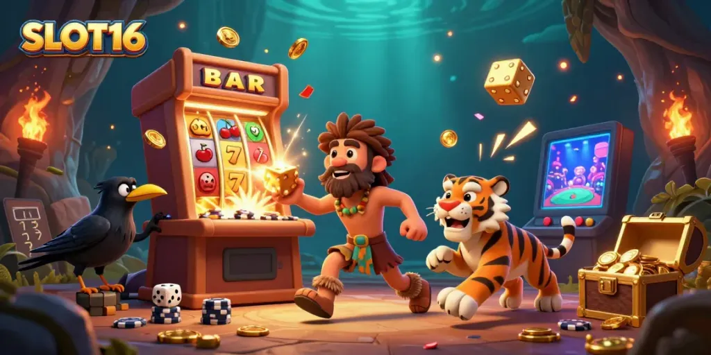 SLOT16 casino scene featuring cartoon caveman and sabertooth tiger amidst a jackpot explosion.