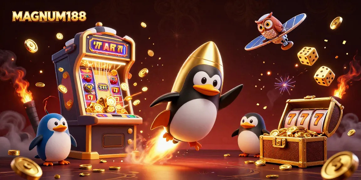 Experience MAGNUM188 with a rocket penguin and casino extravaganza in a dynamic, rich scene.