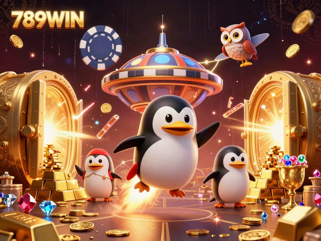 Experience the excitement of 789WIN with a golden penguin racing through a cosmic casino.