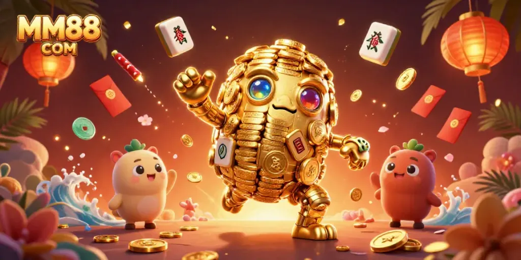 Experience thrilling gameplay at MM88 COM with an animated golden golem surrounded by exciting casino elements.