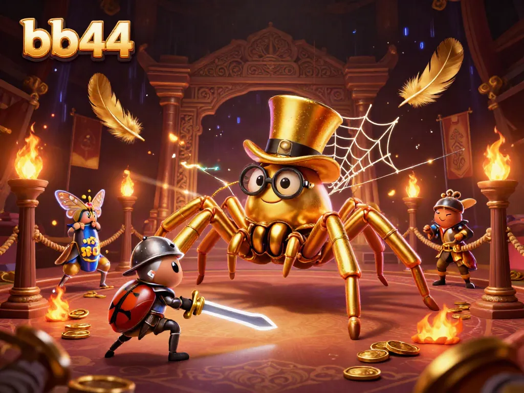 Engage with unique bb44 casino adventures featuring a golden tarantula and a beetle knight in action.