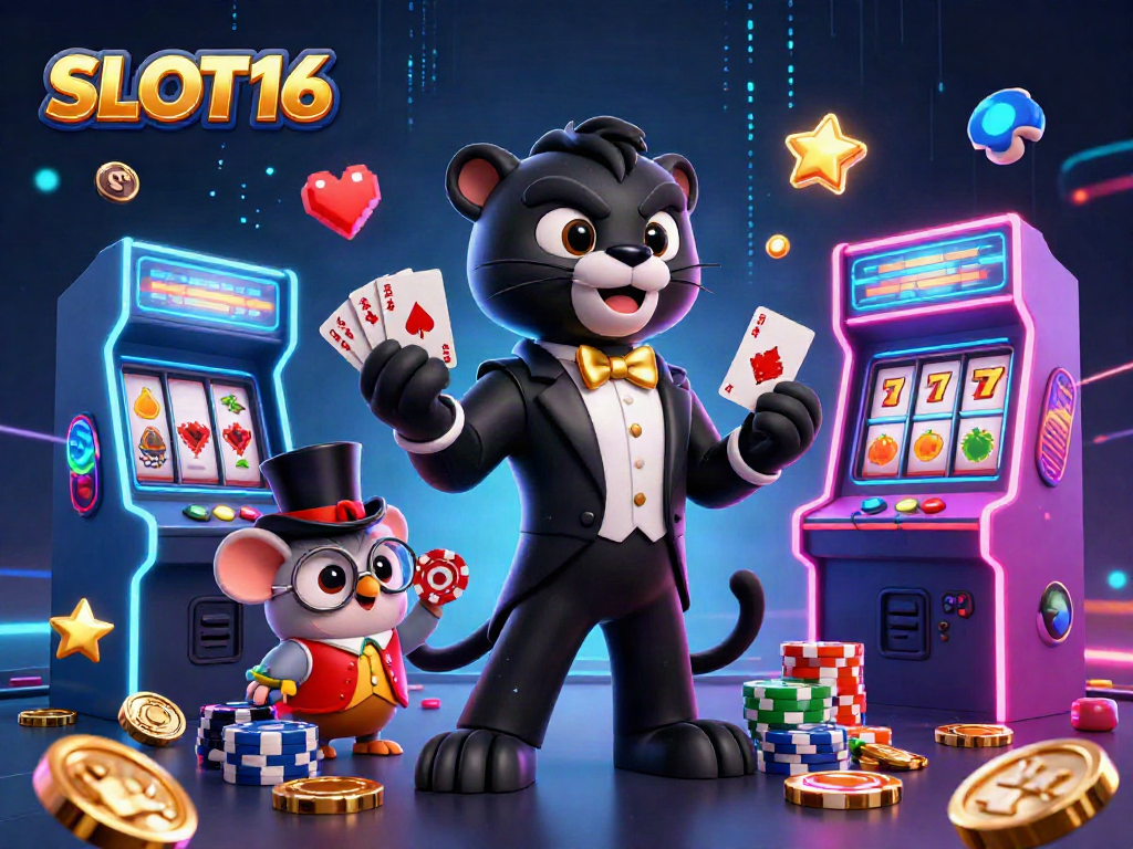 Experience the thrill of SLOT16 with vibrant gaming characters dealing cards and poker chips amidst lively casino elements.
