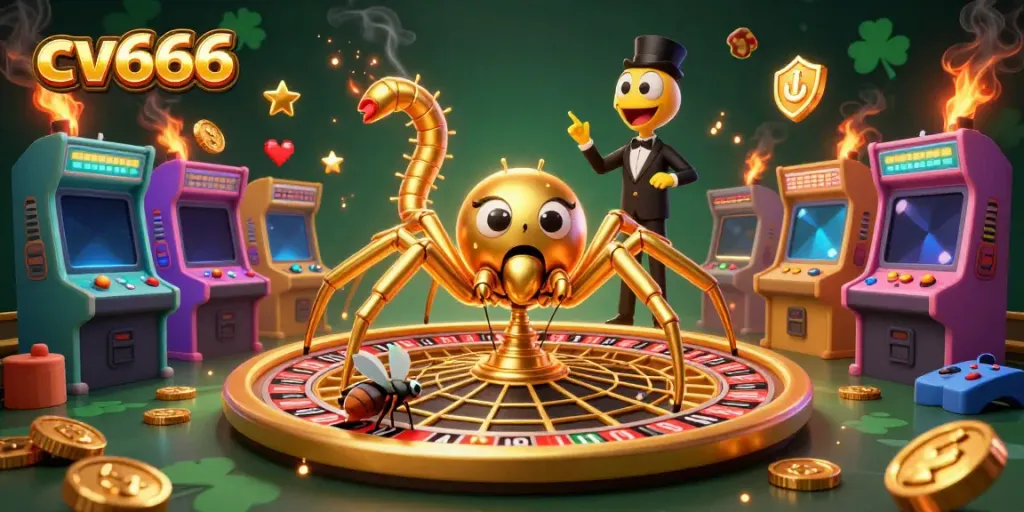 Engage in thrilling betting as the cv666 spider spins the roulette web in a vibrant casino scene.