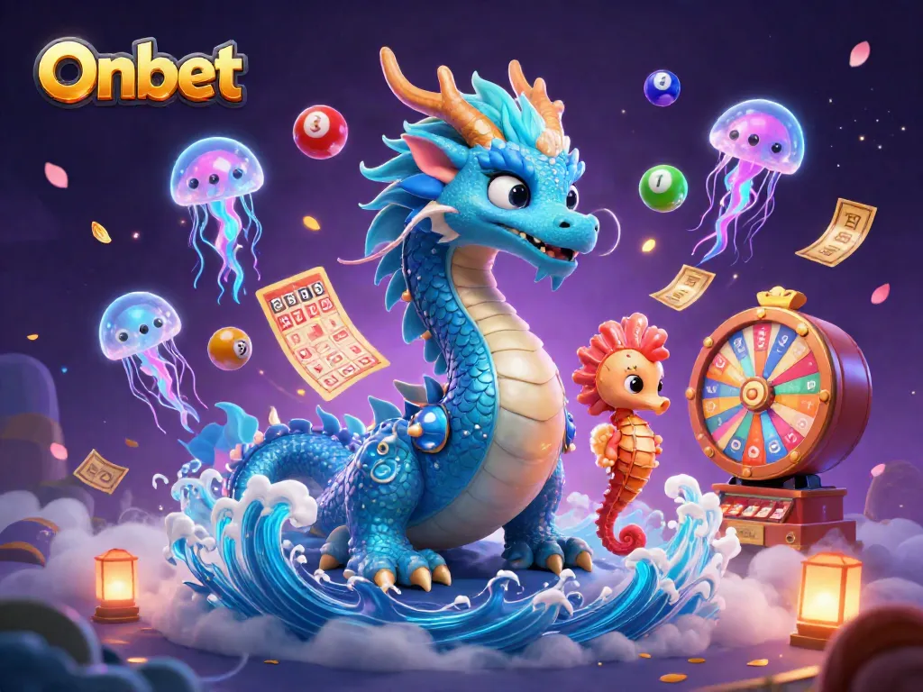 Experience thrilling moments at Onbet with a vibrant scene of a dragon, seahorse knight, and jellyfish amidst colorful lottery elements.