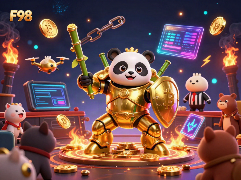 Engaging 3D cartoon illustration of F98 in a dynamic casino scene with Bitcoin elements.