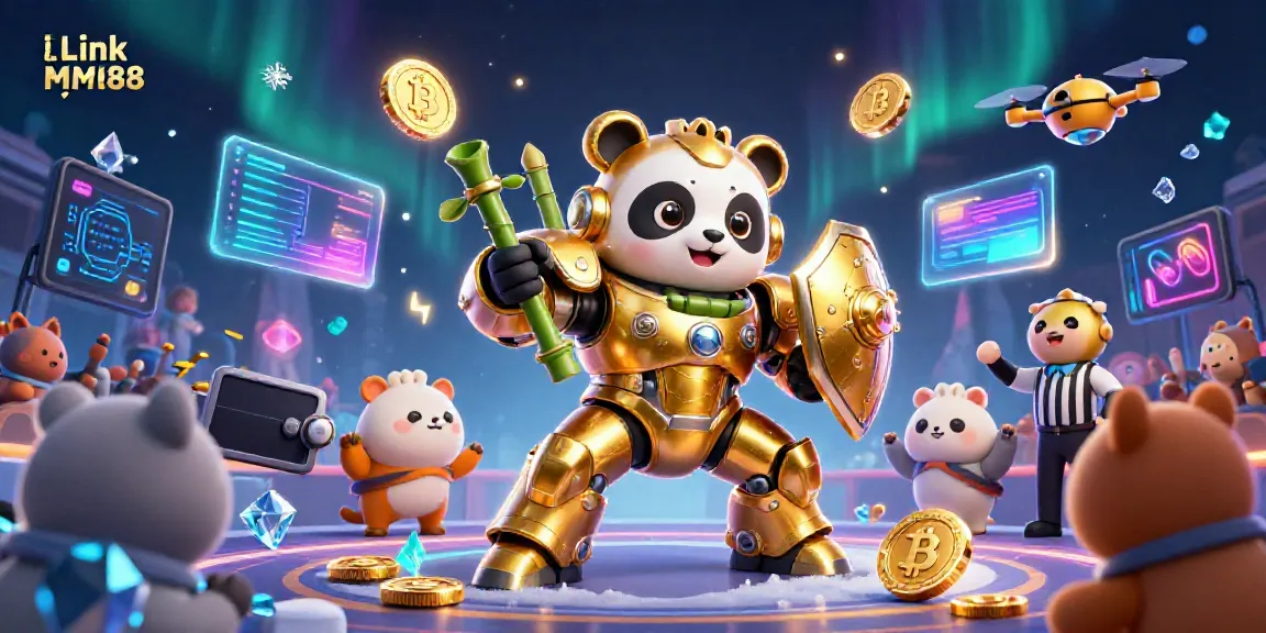 Engage with the dynamic action of Link MM88 as a golden panda pilots a robot in a vibrant casino scene.