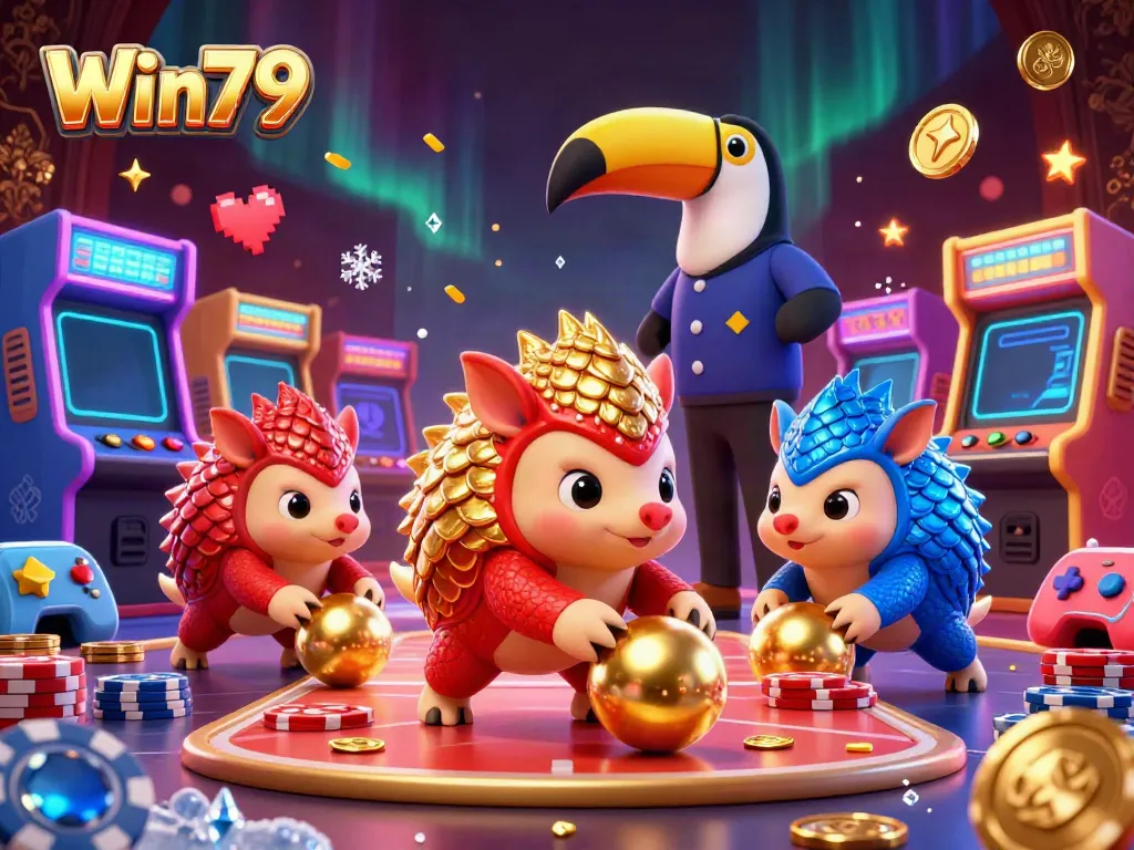 Win79 game showcase with pangolins rolling into poker chips, vibrant colors and casino elements.