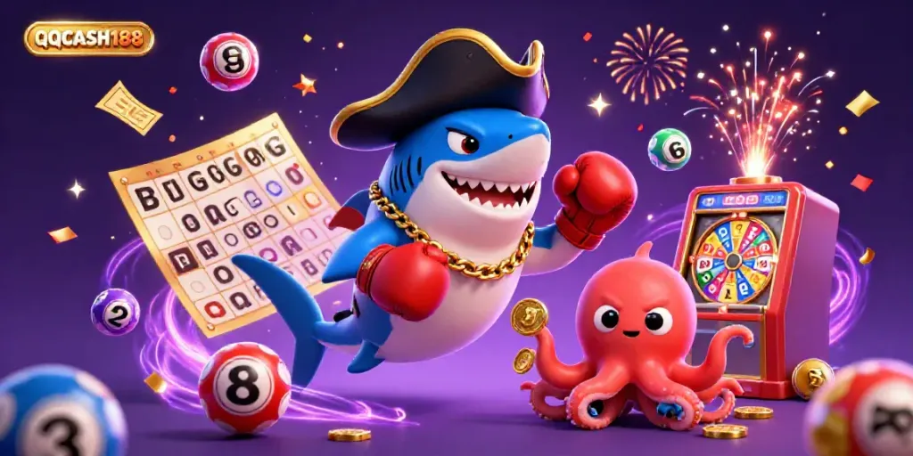 Engage with QQCASH188 in a vibrant casino scene featuring a cartoon pirate shark and friends amid colorful lottery elements.