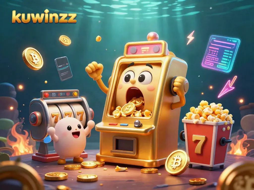 Experience winning with kuwinzz in this vibrant 3D casino scene featuring a jubilant slot machine.