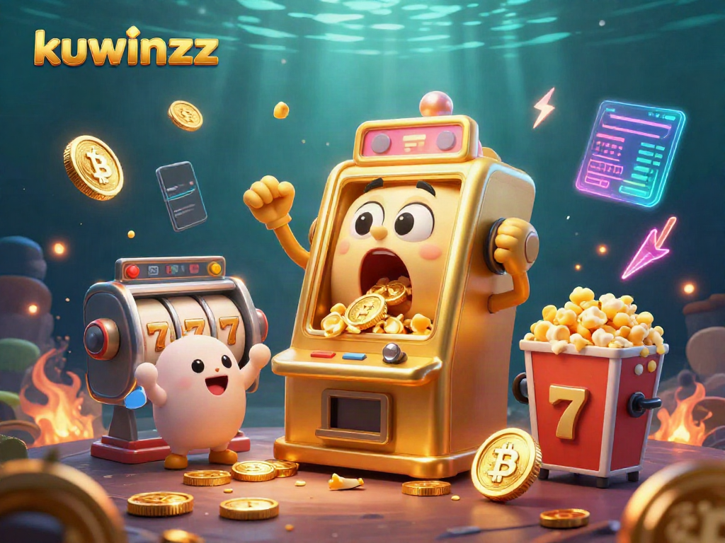 Experience winning with kuwinzz in this vibrant 3D casino scene featuring a jubilant slot machine.