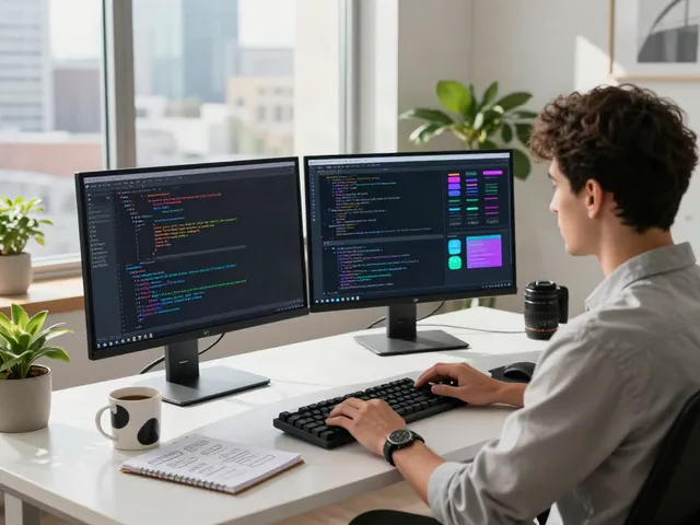 Creative developer coding in a modern workspace with dual monitors, showcasing the brave approach to tech.